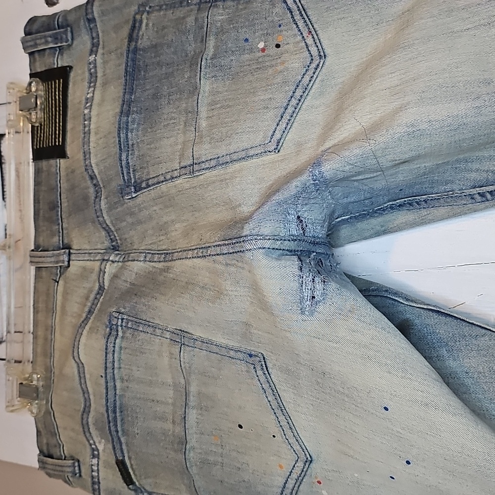 Serenede Mens Stretch Skinny Distressed Paint Splatter Light Wash Denim Jeans 34 - Picture 5 of 9